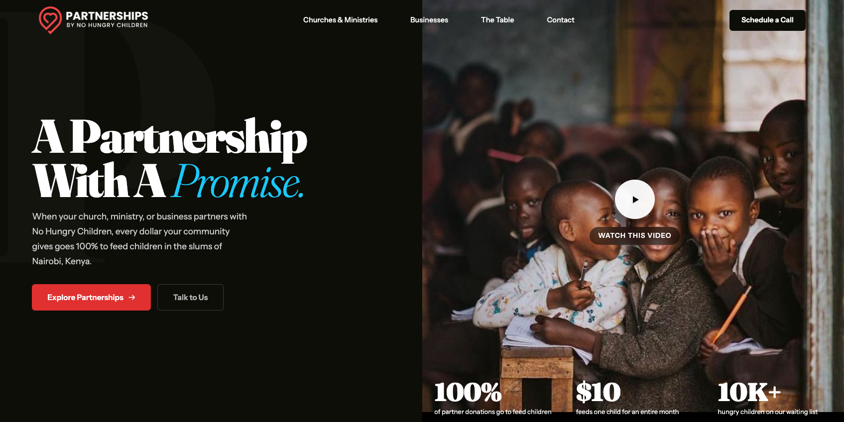 The No Hungry Children partnerships platform built by Five & Two, shown on their rebuilt ministry website