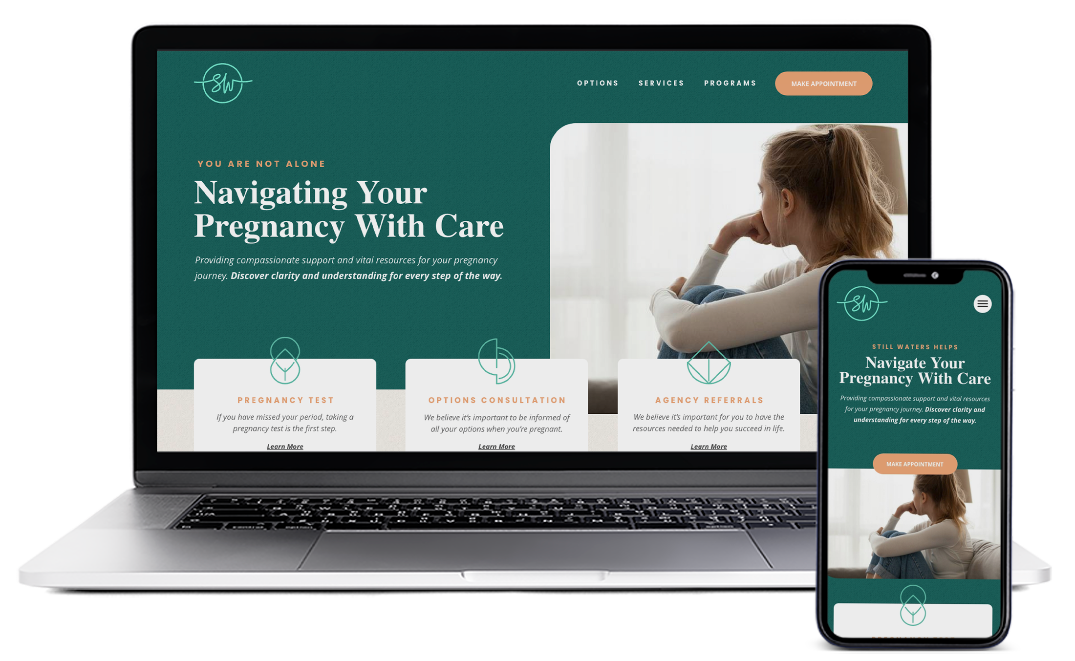 The Still Waters Pregnancy Center brand shown across their website and mobile app, designed by Five & Two